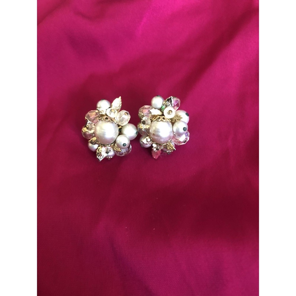 Vintage VENDOME Austrian Crystal & Faux Pearl Bead Cluster EARRINGS Clip On